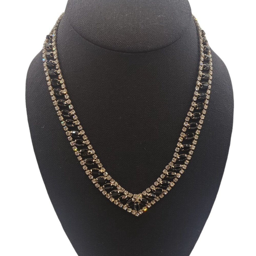 Vintage 1950's Clear Rhinestone & Black Onyx V Shaped Necklace - Picture 8 of 11